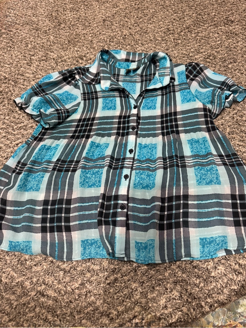 Girls' Turquoise Plaid Short-Sleeve Button-Down Shirt